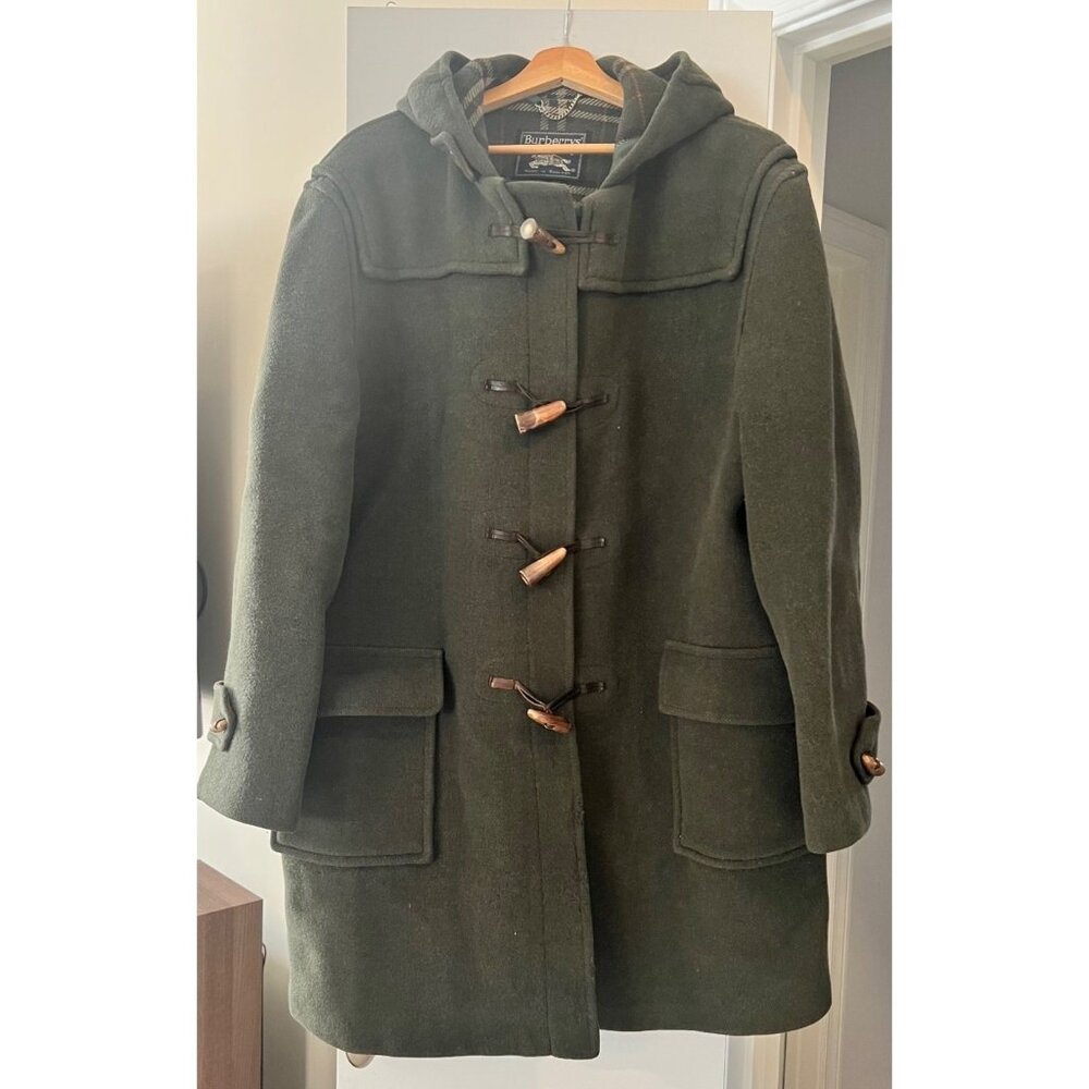 Vintage Burberrys Green Wool Duffle Coat With Hood & Plaid Lining Made n England